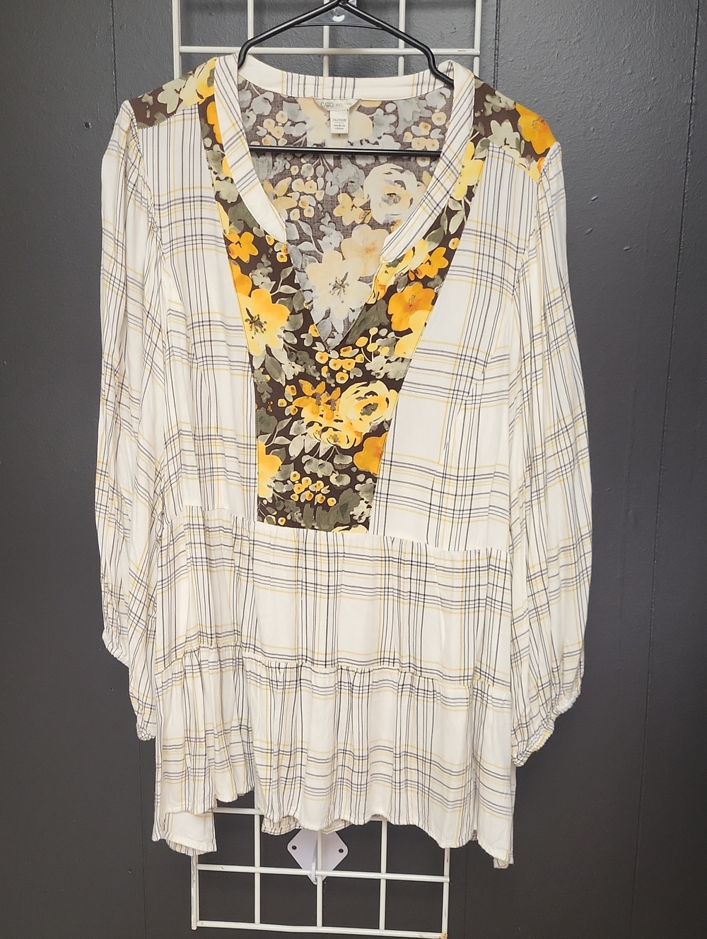 Cato Cream Plaid Tunic with Yellow Floral V-Neck, Size 26